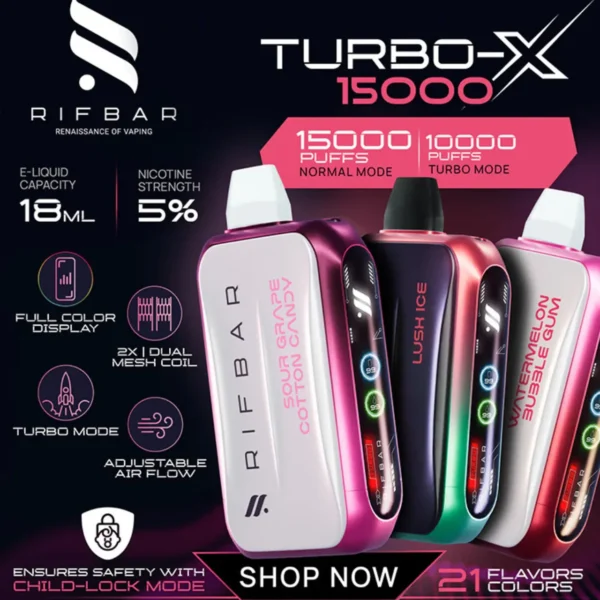 Rifbar Turbo X 15K - Vape Desechable Recargable de 15,000 Caladas | KOV